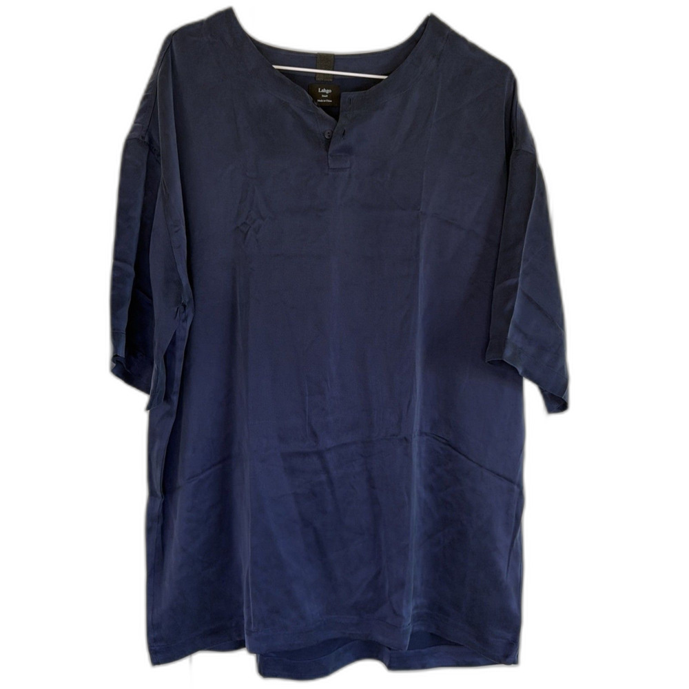 Men’s Lahgo Lunya Washable Silk Henley Pajama Lounge Top Navy Blue Small